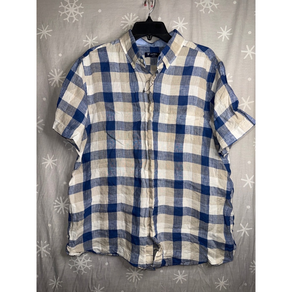 Cremieux Classics Mens XL Blue Tan Buffalo Check Linen Blend Short Sleeve Shirt